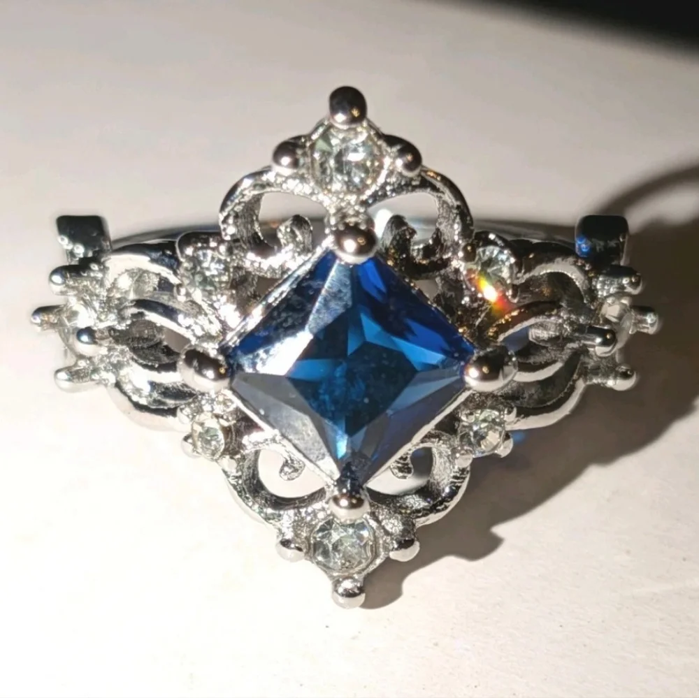 Ladie's Vintage Design Princess Cut Lab Created Sapphire Engagement Ring